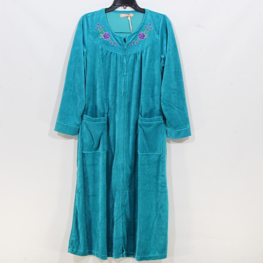LA CERA Women's Teal Front Zip Vintage Embroidered Nightgown Robe Size Medium